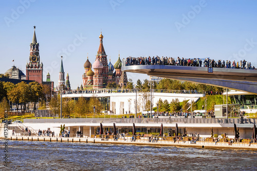 view of the Cathedral of the Basil of the Blessed through the park Zariadye in Moscow
