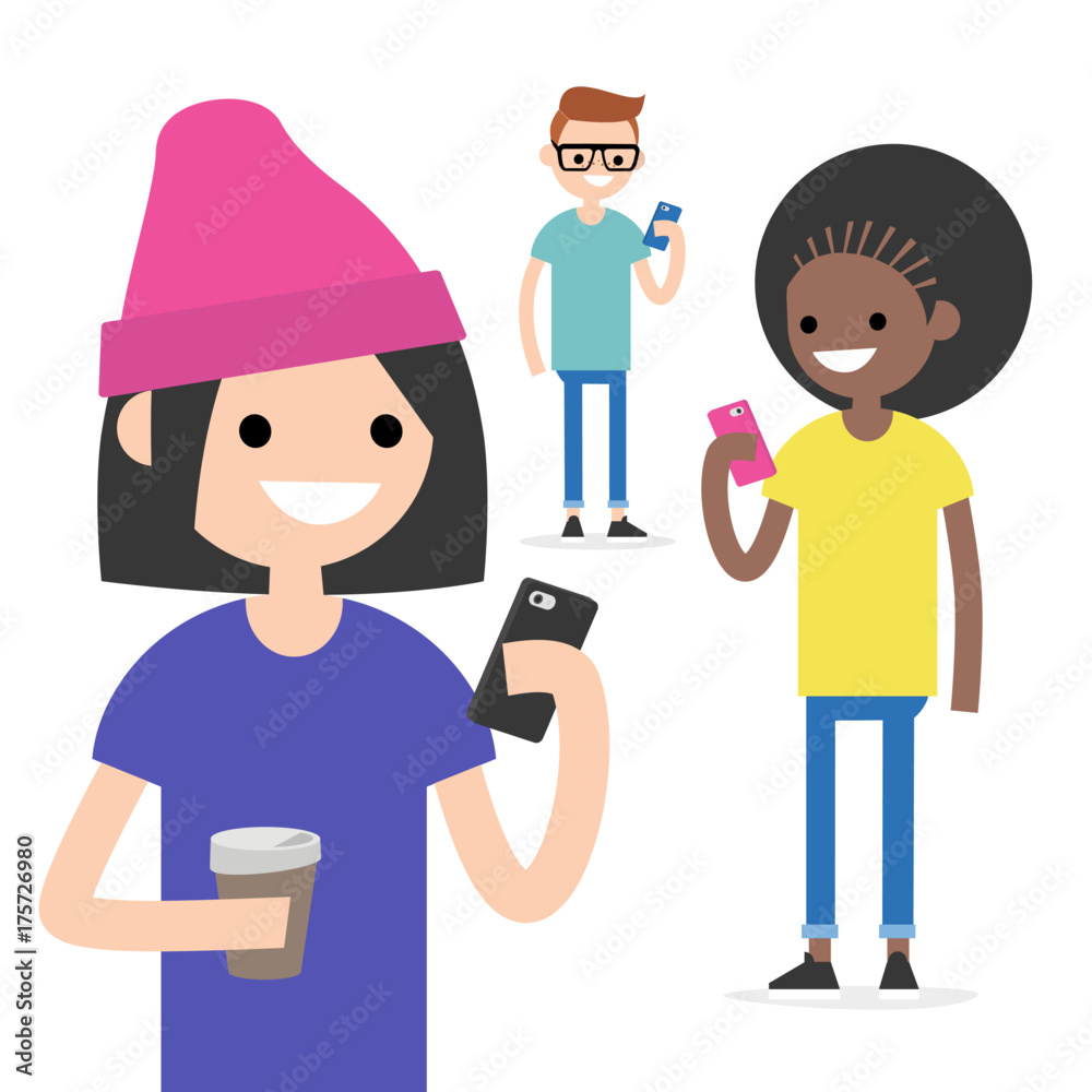 Mobile messenger concept. Social media. A group of young people with smartphones / flat editable vector illustration, clip art Mobile messenger concept. Social media. A group of young people with smartphones / flat editable vector illustration, clip art