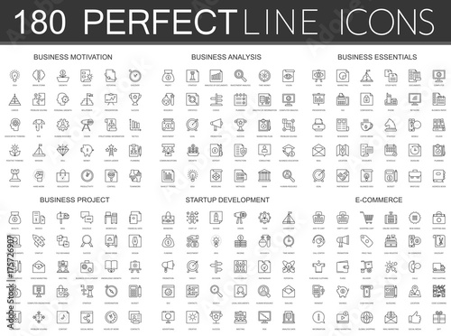 180 modern thin line icons set of business motivation, analysis, business essentials, business project, startup development, e commerce.