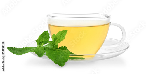 Cup of mint tea on white background