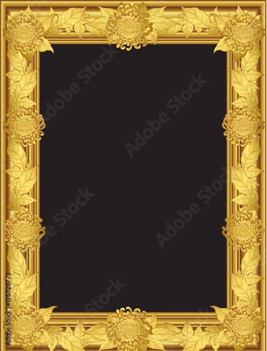 Chrysanthemum flower gold frame by hand drawing.Flower vector on gold frame. 
