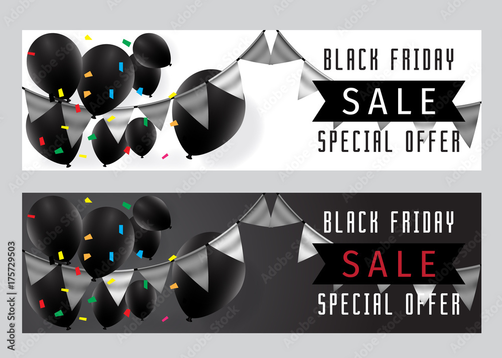 Obraz premium Black Friday Sale Poster with Balloons. Black Friday Sale Poster modern design. Black Friday Sale promotion vector display poster. Black friday sale inscription design template. Black friday banner. 