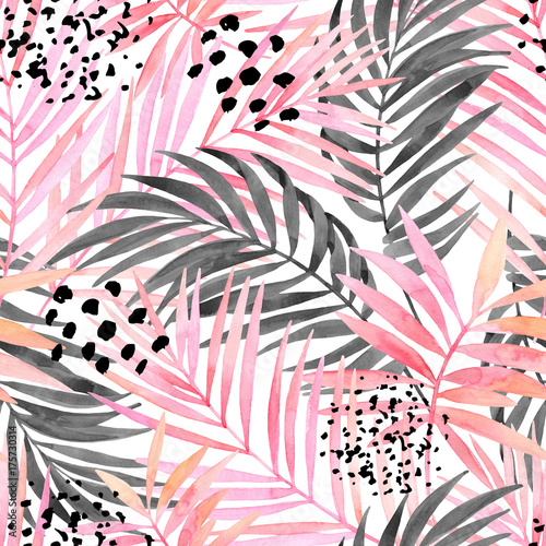 Akwarela, różowy i graficzny obraz liści palmowych.