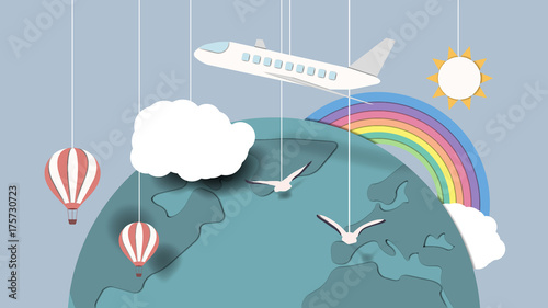 Travel around the world concept by plane and hot air balloon, paper craft/paper cut style