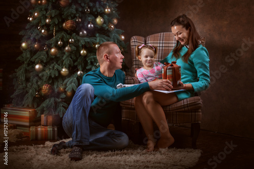 Family in the living room by the Christmas tree © silkstocking