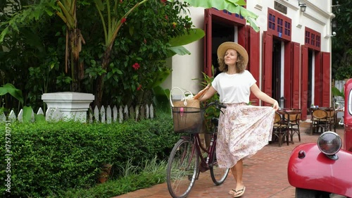 Happy Provence Girl Walking With Bicycle Outdoors. Slow Motion. 4K. 