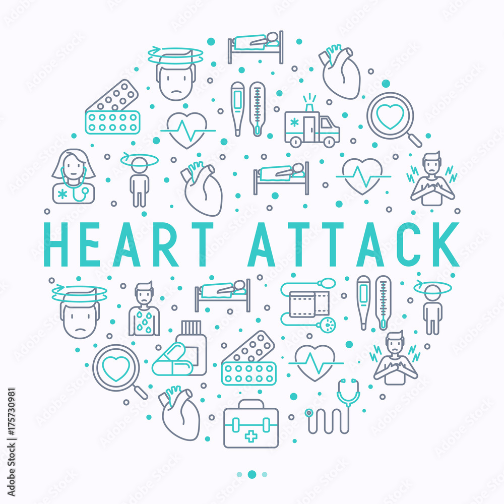 Heart attack concept in circle with thin line icons of symptoms and treatments. Modern vector illustration for medical report or survey, banner, web page, print media.