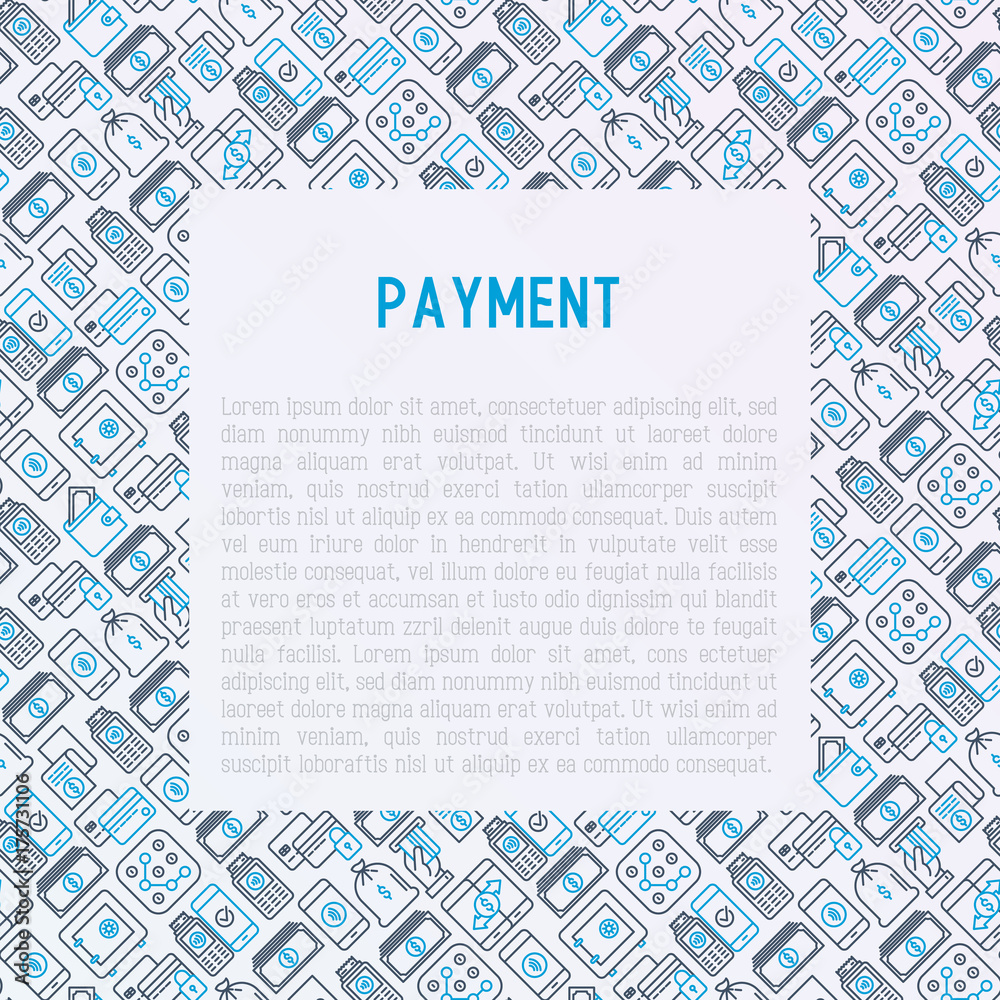 Obraz premium Payment concept with thin line icons related to credit card, money flow, saving, atm, mobile payment. Vector illustration of banner, web page, print media.