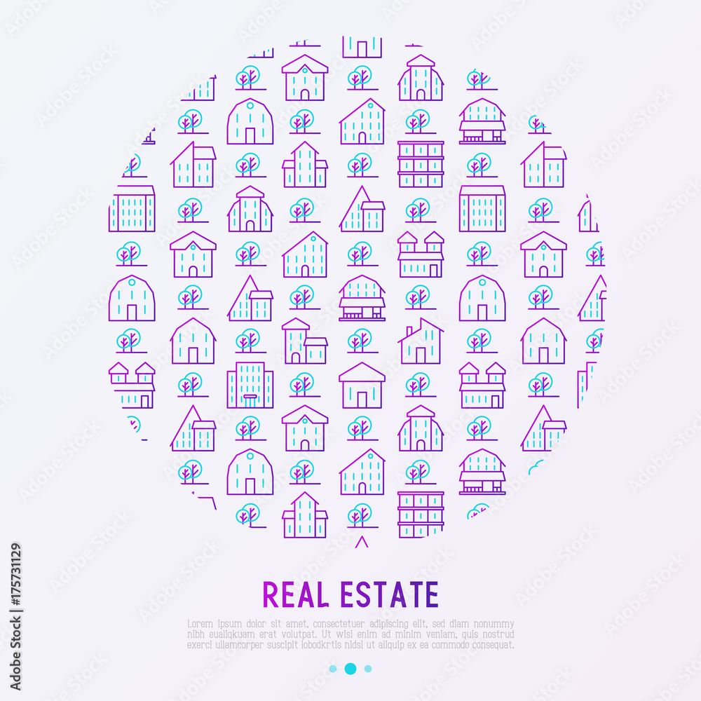 Real estate concept in circle with thin line houses and trees. Modern vector illustration for background of banner, web page, print media. Real estate concept in circle with thin line houses and trees. Modern vector illustration for background of banner, web page, print media.