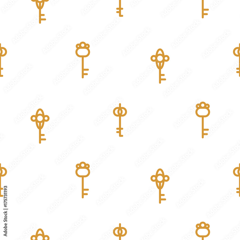 Gold keys seamless vector pattern on white. Romantic valentine card or wrap paper design.