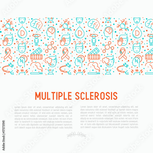 Multiple sclerosis concept with thin line icons of symptoms and treatments: disorientation, heredity, neuron myelin sheaths, vitamin D. Vector illustration for banner, web page.