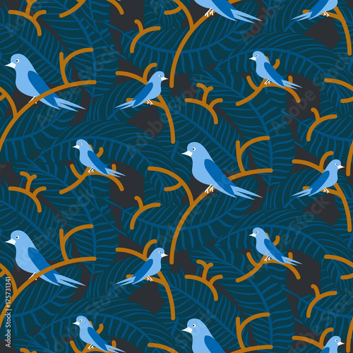 Birds on branches with dense leaves blue dark pattern seamless vector. Nestlings on trees at night for print on fabric.