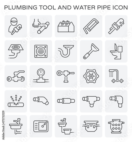 Vector line icon of plumbing tool and water pipe.