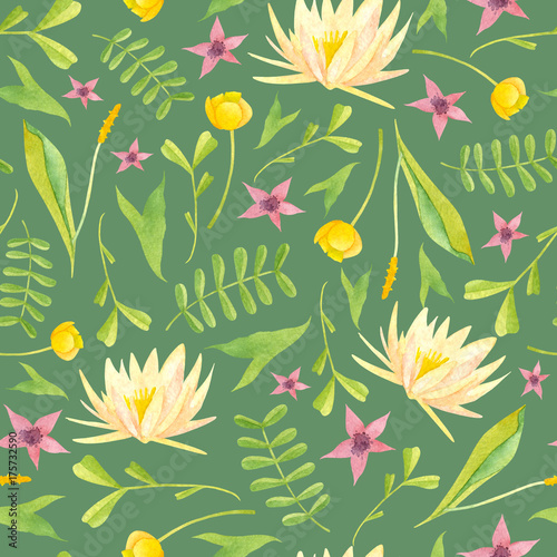 Watercolor wetland floral pattern with yellow lily nuphar lutea red marshlocks and green orontium salvinia on deep green background