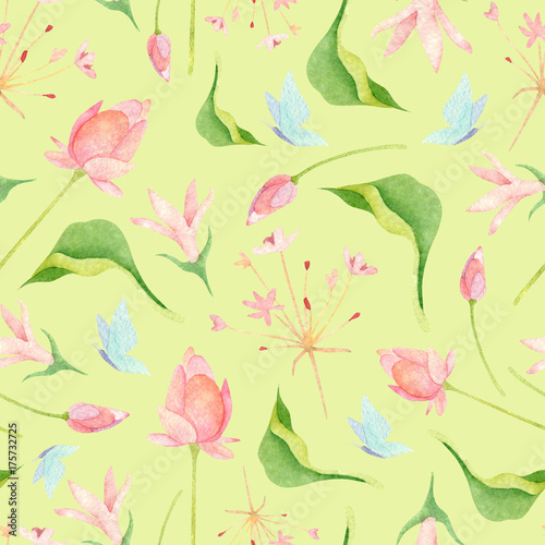 Watercolor wetland floral pattern with yellow waterpoppy red marshlocks susak umbrella and green pistia on ivory background