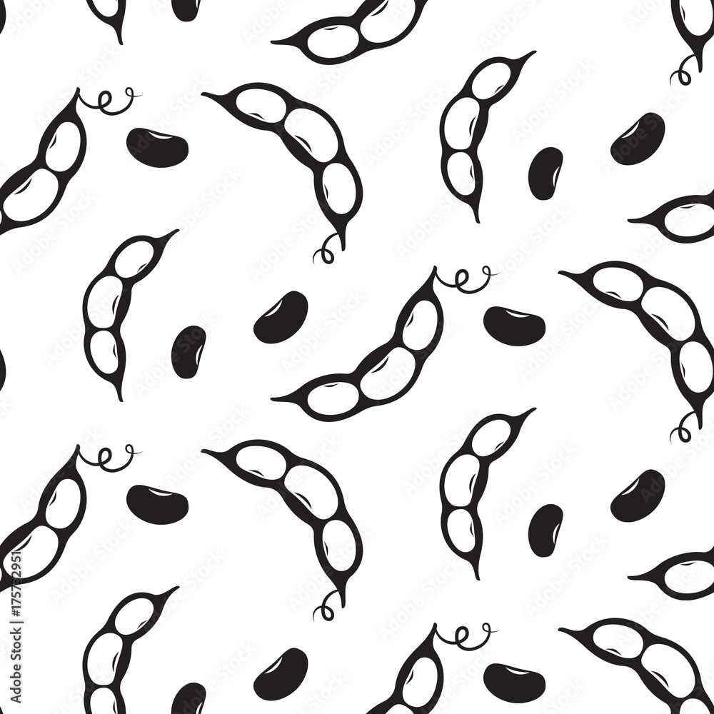 Kidney bean pods seamless vector pattern. Vegetable repeat black and white background.