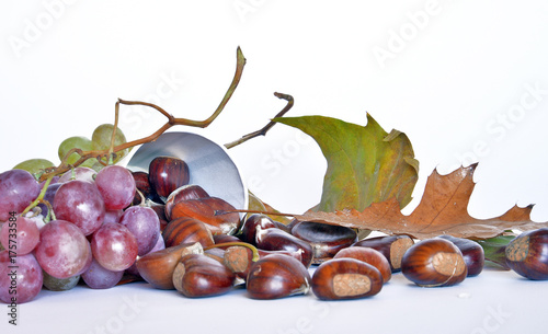 frutta autunnale, castagne e uva composizione con castagne ed uva, foglie appassite, sfondo bianco
