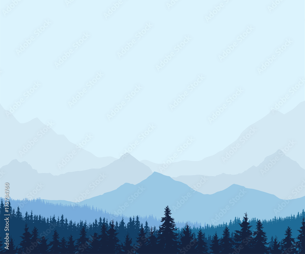 Panoramic view of winter mountain landscape with forest and with space for text, vector