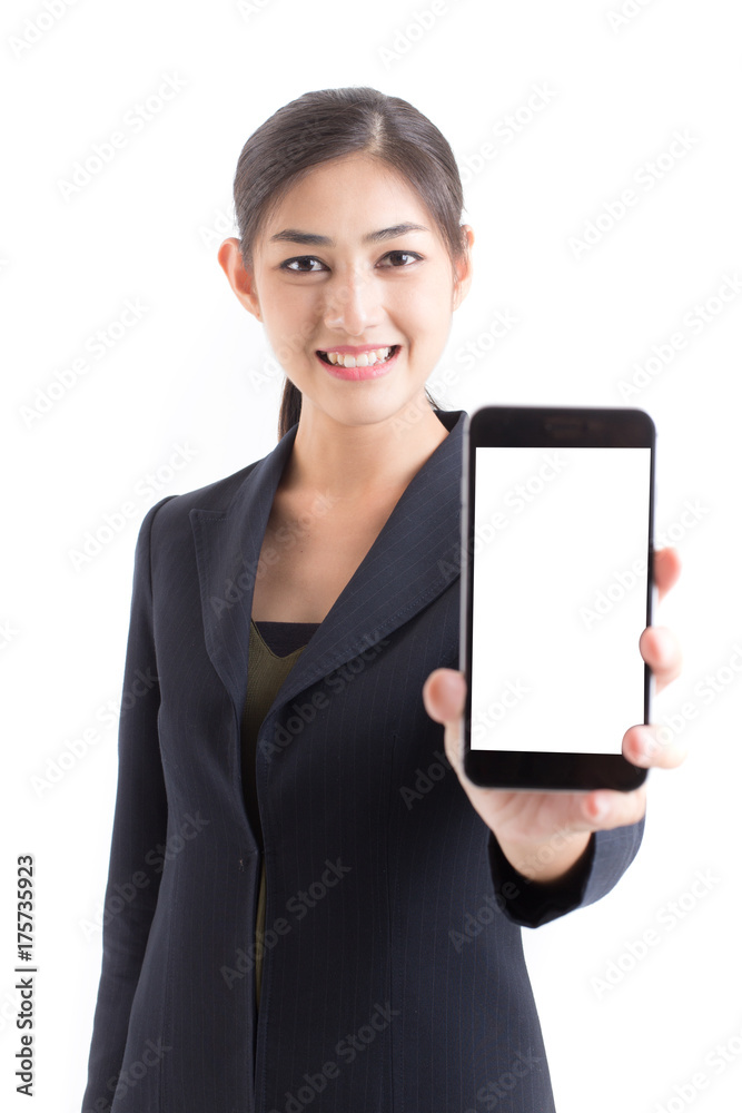 Asian Business Woman smiling, Woman stand and showing Smartphone, isolated on white background, Woman working concept. Asian Business Woman smiling, Woman stand and showing Smartphone, isolated on white background, Woman working concept.