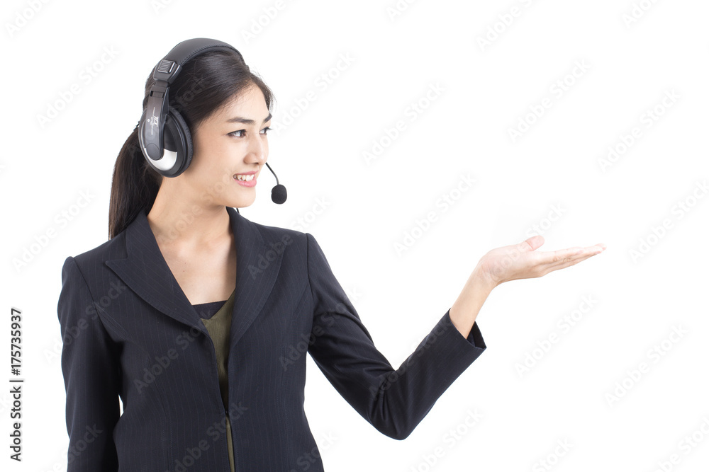 Asian Callcenter Woman smiling, Woman stand and smile, isolated on white background, Woman working concept. Asian Callcenter Woman smiling, Woman stand and smile, isolated on white background, Woman working concept.