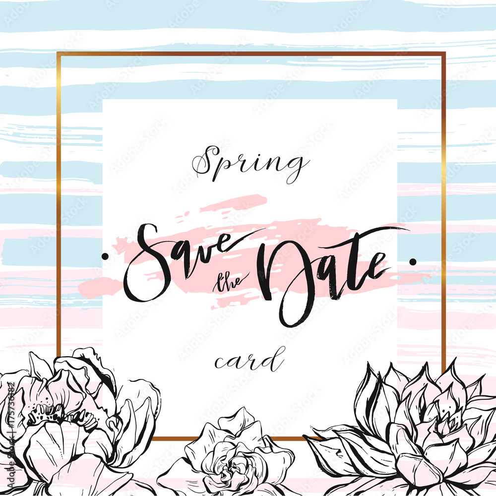 Save the date cards, wedding invitation with hand drawn lettering, flowers and branches.