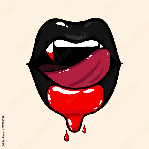 Vampire woman open mouth with blood. Tongue licking black lips. Halloween vector illustration photo