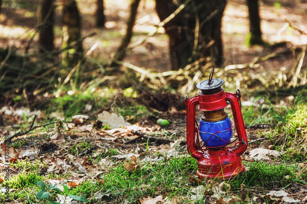 Red lantern with blue glass left in the woods Red lantern with blue glass left in the woods