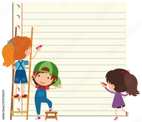 Paper template with happy children writing photo