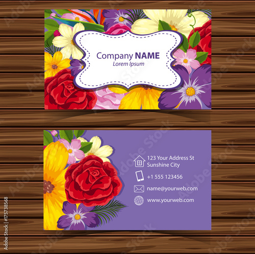 Businesscard template with flowers on purple background