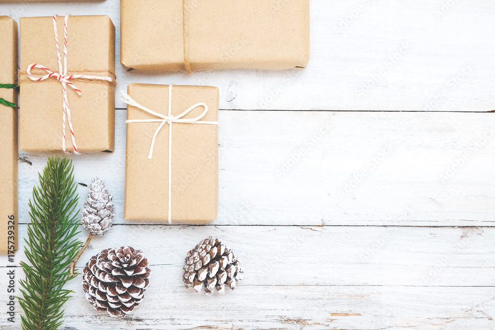 Rustic Christmas Gift Box With Christmas Decorations On White Wooden  Background Flatlay Copy Space Stock Photo - Download Image Now - iStock