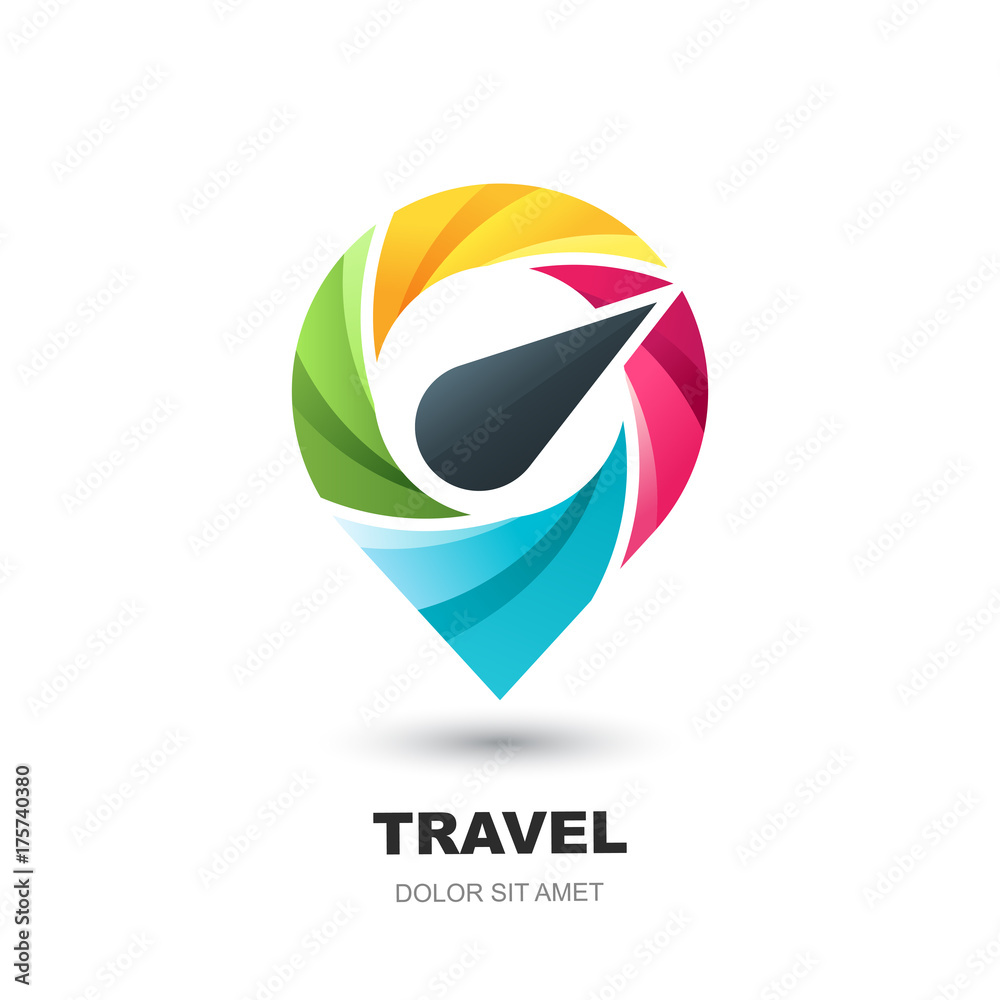 Vector logo icon or emblem design template with compass pin map symbol.  Abstract multicolor geo point location marker. Modern concept for vacation,  travel, tour search and tourism business. Stock Vector | Adobe