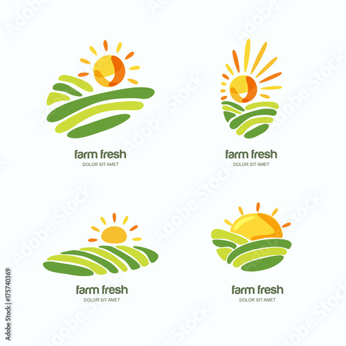 Farm and farming, set of vector logo, label, emblem design template. Isolated illustration of green fields landscape, rising sun. Concept for harvesting, agriculture, natural farm, organic products.