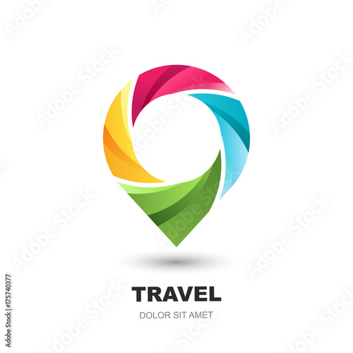Vector logo icon or emblem design template with pin map symbol. Abstract multicolor waypoint marker. Modern concept for vacation, travel, tour search and tourism business.