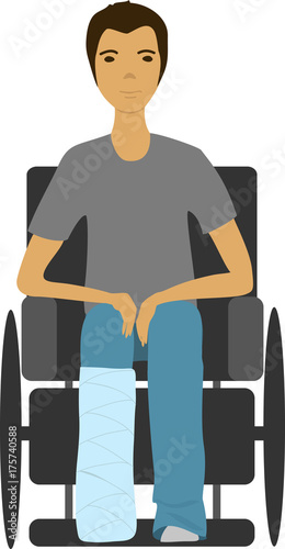man with broken leg in wheelchair