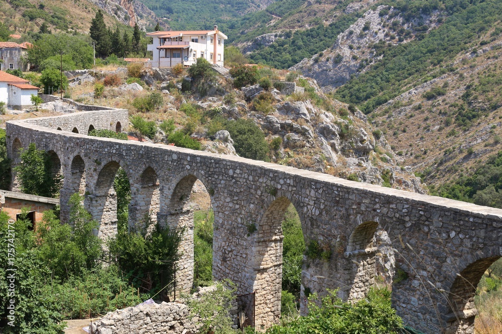 Aqueduct in Stari Bar or old Bar in Montenegro, a very old ruined city and fortress founded in 8 BC. Southeast Europe.
