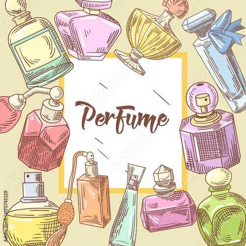 Perfume Bottles Hand Drawn Doodle. French Aroma. Woman Beauty Shop Design. Vector illustration