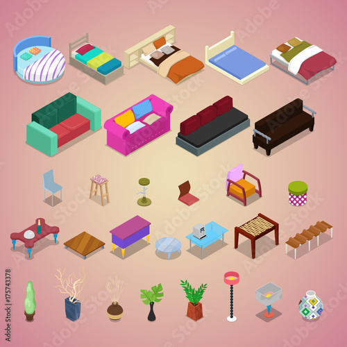 Isometric Bedroom Furniture Set with Sofa, Chair, Armchair Table and Lamp. Interior Decoration Elements. Vector flat 3d illustration