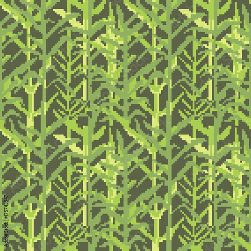 Military Pixelate Seamless Pattern with Grass. Camouflage Background. Camo Fashion Texture. Army Uniform. Vector illustration