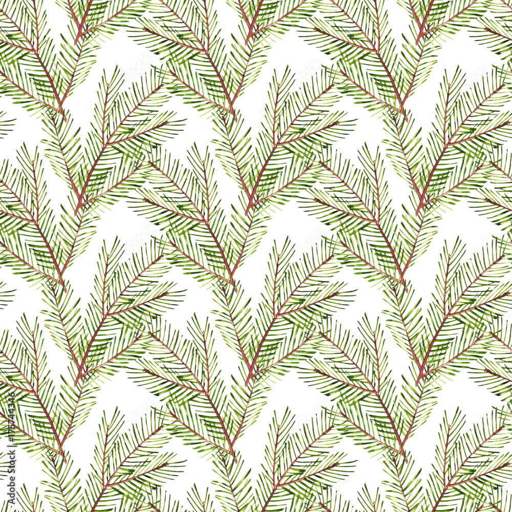 Seamless pattern. Watercolor Christmas tree branches. Hand painted texture with fir-needle natural elements isolated on white background. Xmas paper.