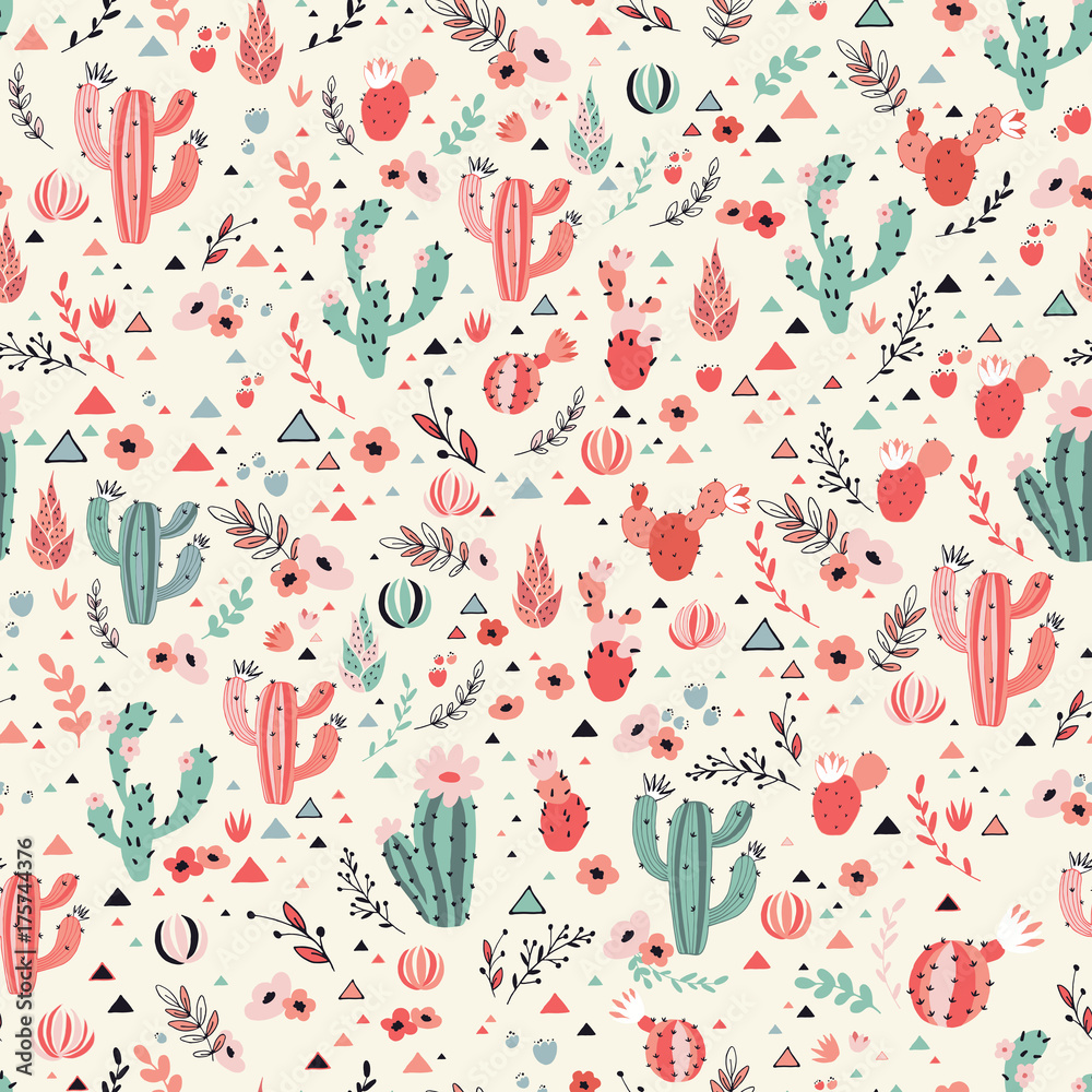 Happy cacti seamless pattern