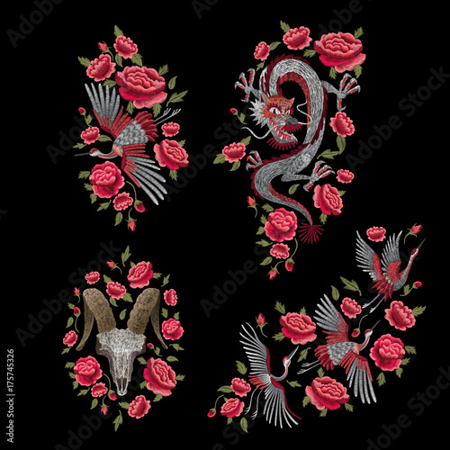 Eastern Chinese dragon and roses. Traditional stylish floral embroidery stitch on a black background. Sketch for printing on fabric, clothing, bag, accessories and design. Vector, trend