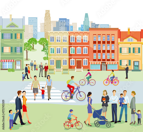 Vorstadt mit Fußgänger und Radfahrern