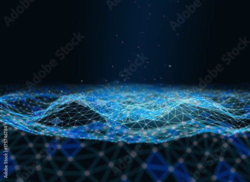 Abstract futuristic low poly technology background, geometry triangles with connected dots and lines. Virtual 3D illustration of network structure.
