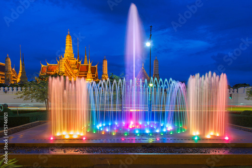 Fountain dance show in front of Wat Phra Kaew at Bangkok City, Temple of the Emerald Buddha in Bangkok, Thailand.