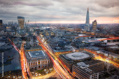 Photography City of London at sunset and traffic blur lights on busy roads