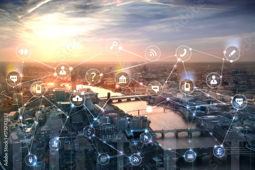 London and river Thames at sunset. Illustration with communication and business icons, network connections concept. 