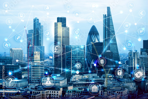 London and river Thames at sunset. Illustration with communication and business icons, network connections concept. 