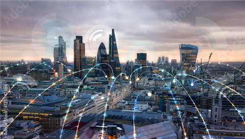 Sticker City of London view at night, business network connections concept
