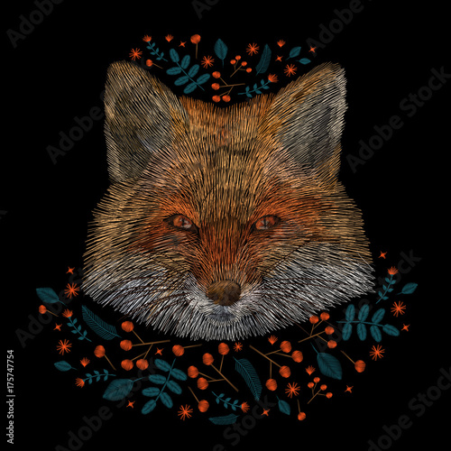 portrait a fox, rowan plant. traditional stylish fashionable embroidered embroidery on a black background. sketch for printing on fabric, bag, clothes, accessories and design. trend vector. chihuahua