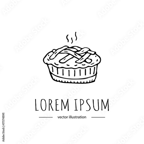 Hand drawn doodle Thanksgiving icon - traditional lattice upper crust apple pie isolated on white background. Vector illustration. Shortcrust pastry with apple filling Sweet pastry